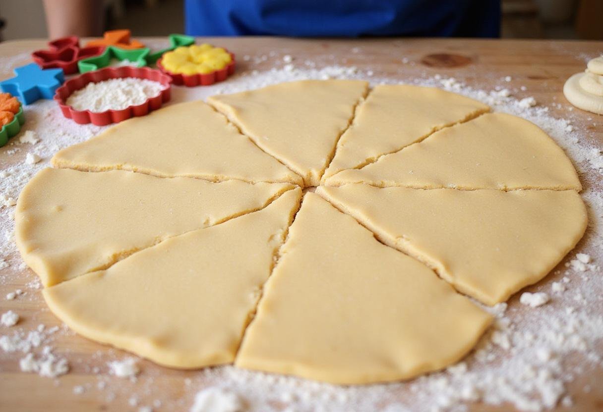 Classic sweet sugar cookie dough rolled out and shaped with cookie cutters for baking