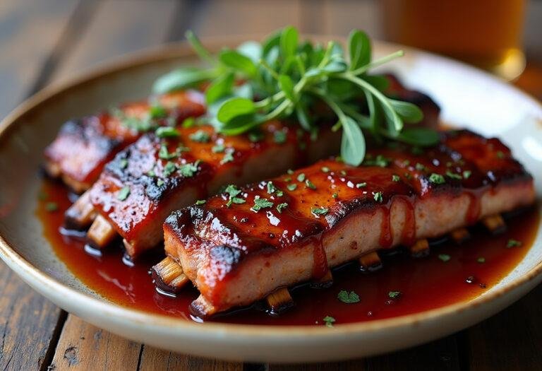 Delicious glazed grilled ribs coated in classic tangy BBQ sauce, a highlight of the BBQ sauce recipe for a flavorful dining experience.