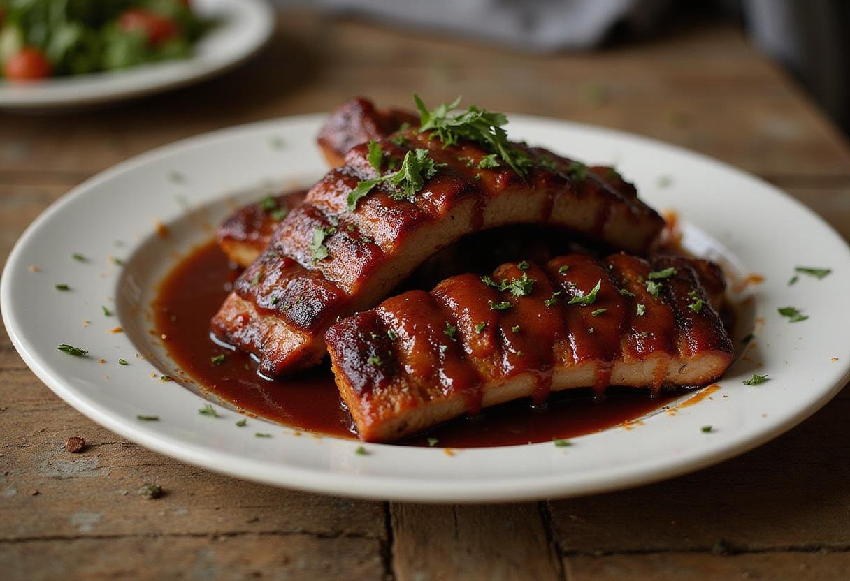 Delicious glazed grilled ribs coated in classic tangy BBQ sauce, a highlight of the BBQ sauce recipe for a flavorful dining experience.