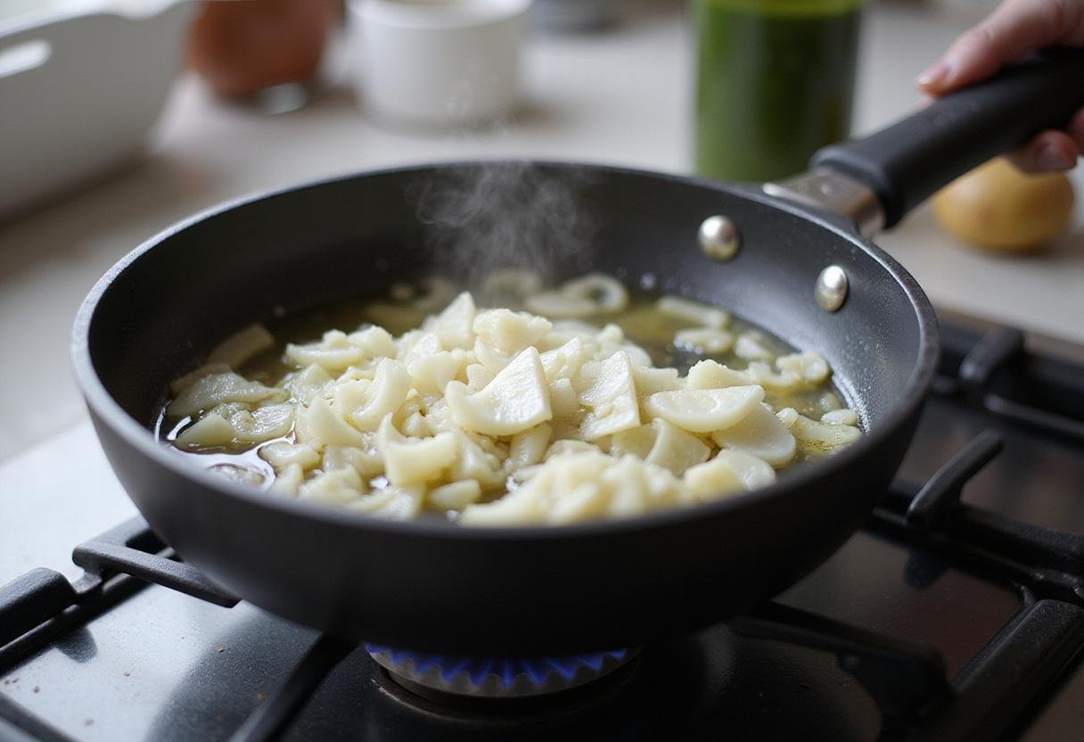 Sautéing onions for a classic tangy BBQ sauce recipe in a bright kitchen, showcasing the first step of making barbecue sauce.