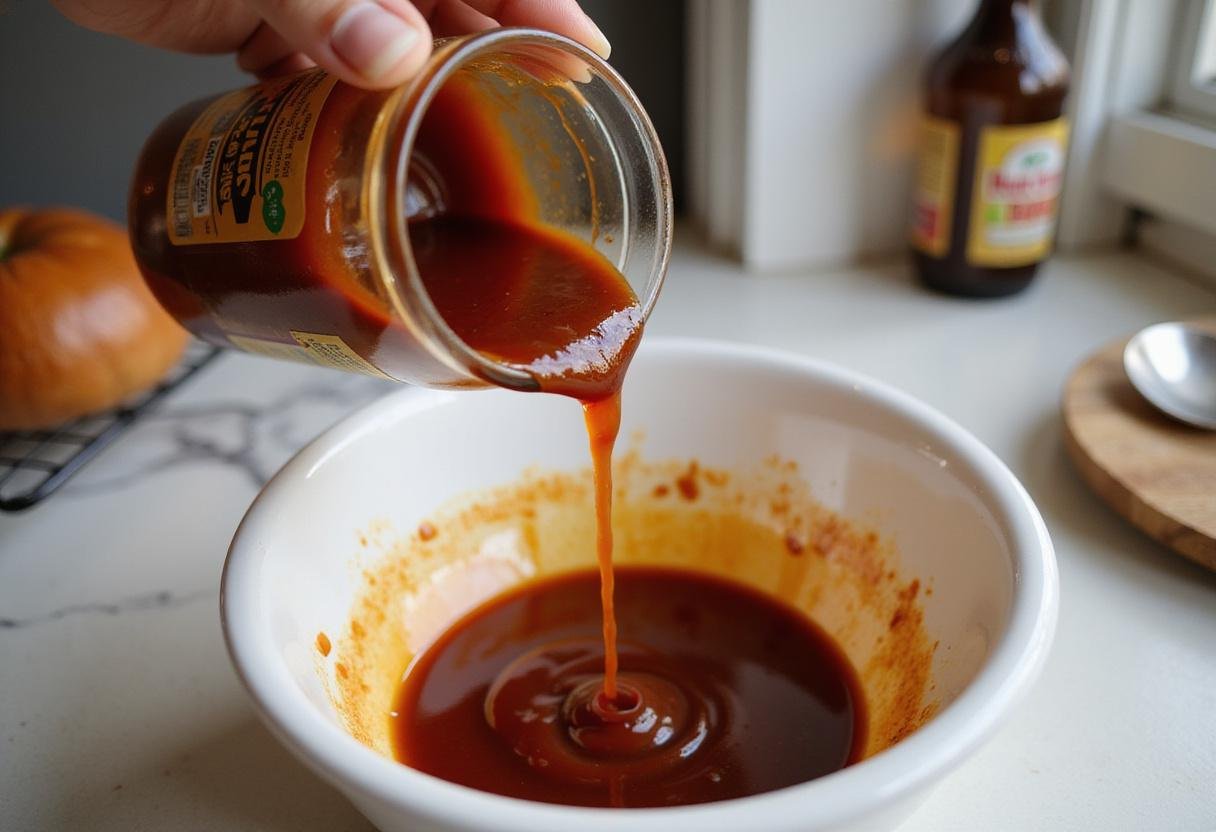 Combining ketchup, apple cider vinegar, and molasses for a classic tangy BBQ sauce recipe, highlighting the preparation of ingredients.