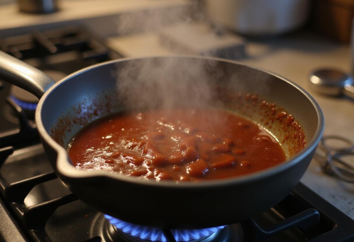 Simmering the tangy BBQ sauce in a saucepan as it thickens, illustrating the cooking process for the perfect barbecue sauce.
