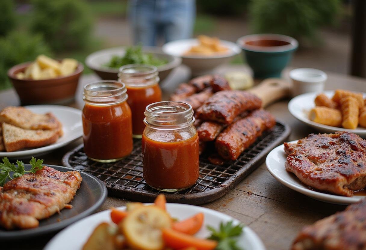 Preparing for a barbecue with jars of classic tangy BBQ sauce displayed alongside grilled meats and vegetables, capturing the essence of summer grilling.
