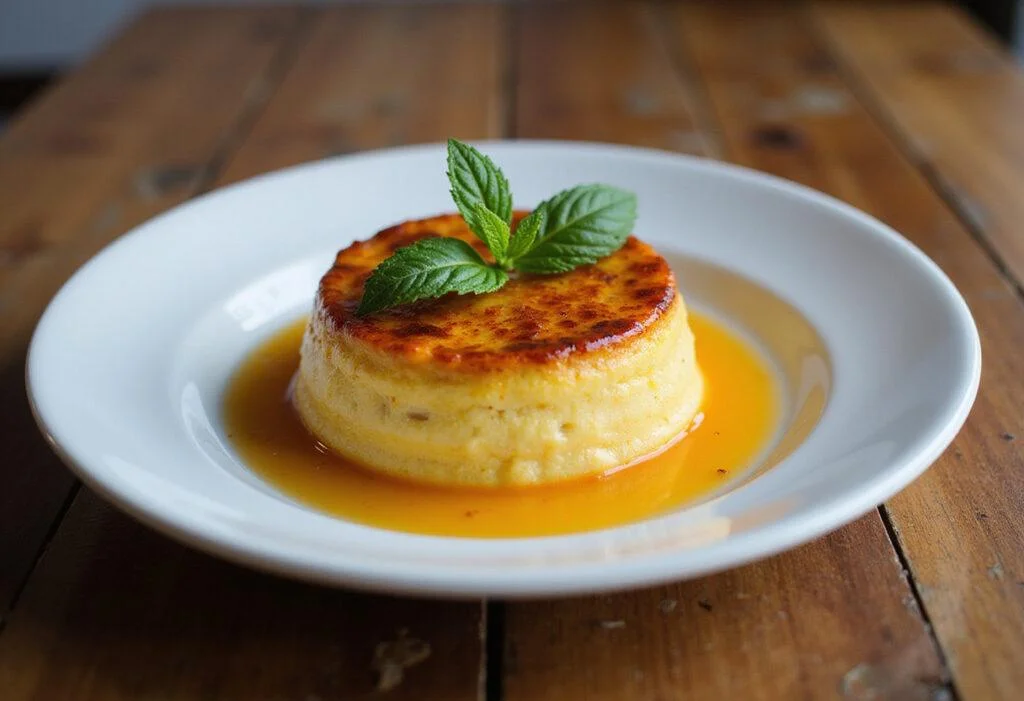 Delicious corn brulee dessert ready to serve, featuring a glossy caramel crust and sweet corn flavor.