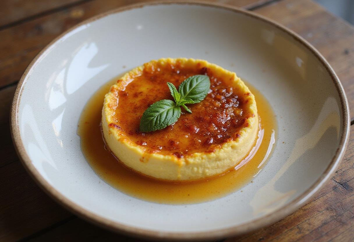 Delicious corn brulee dessert ready to serve, featuring a glossy caramel crust and sweet corn flavor.