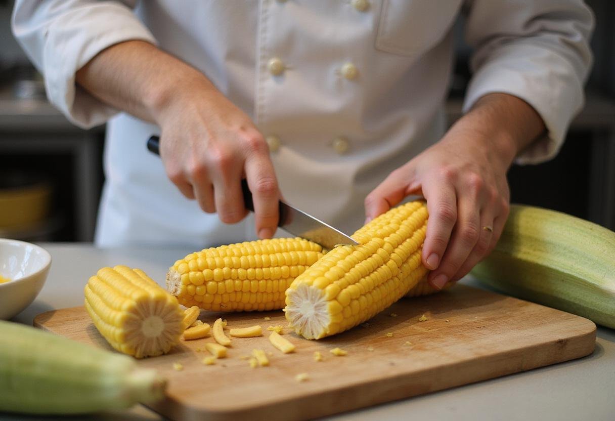 Fresh corn preparation for corn brulee, cutting kernels from cob for a delicious dessert.