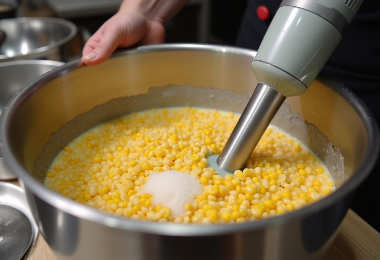 Blending corn for corn brulee, creating a smooth mixture of sweet corn kernels, cream, and sugar.