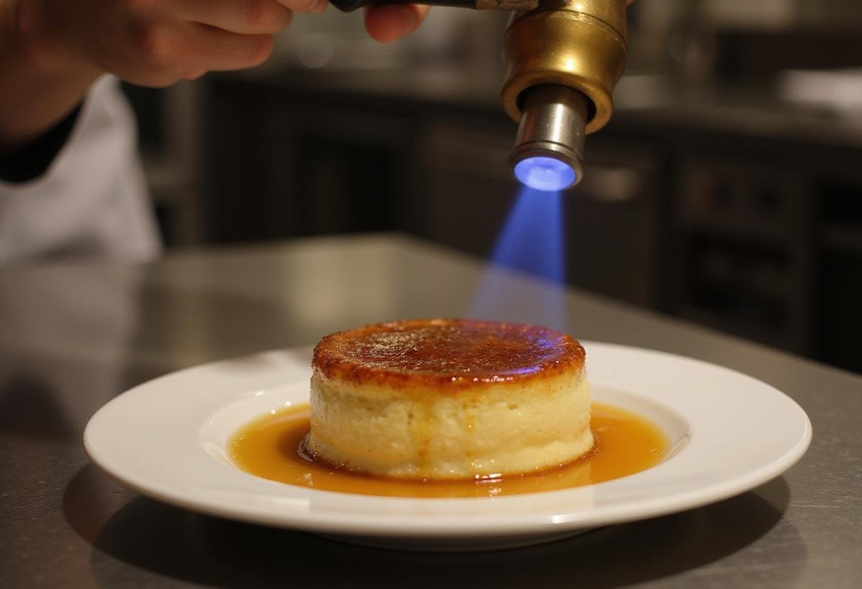 Caramelizing sugar on corn brulee, creating a perfect golden crust for a delightful dessert.