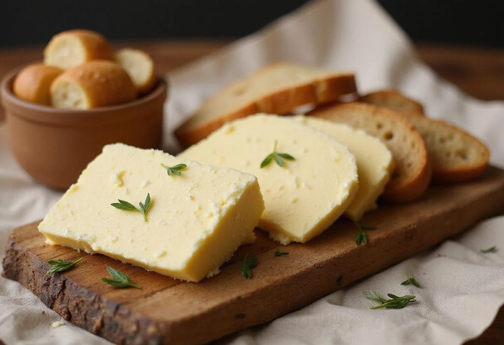 Serving of Creamy La Conviette Butter on a rustic wooden board with fresh bread, showcasing a delicious and elegant dish.