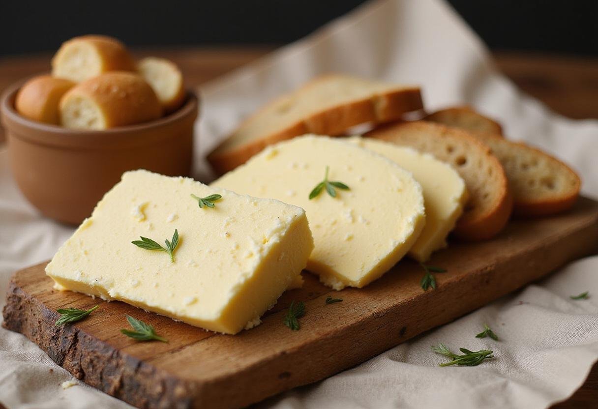 Serving of Creamy La Conviette Butter on a rustic wooden board with fresh bread, showcasing a delicious and elegant dish.
