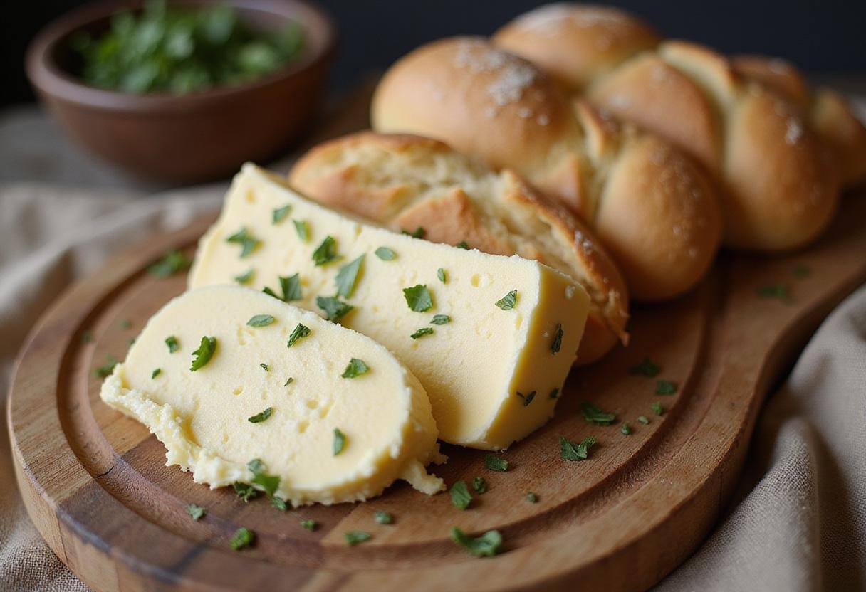 Serving of Creamy La Conviette Butter on a rustic wooden board with fresh bread, showcasing a delicious and elegant dish.
