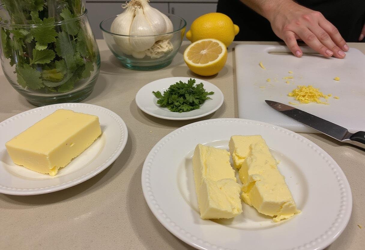 Ingredients for Creamy La Conviette Butter including butter, herbs, garlic, and lemon zest showcased on a kitchen countertop.