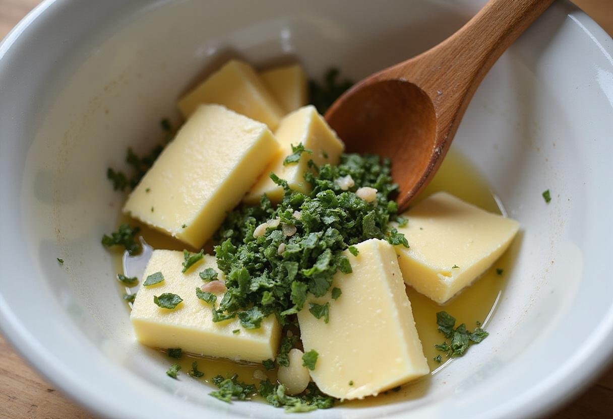 Mixing fresh herbs and garlic into softened butter in a bowl for the perfect Creamy La Conviette Butter.