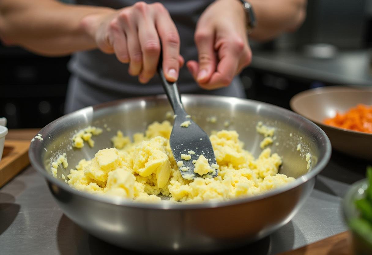 Blending ingredients for Creamy La Conviette Butter in a bowl to achieve a smooth and creamy texture.