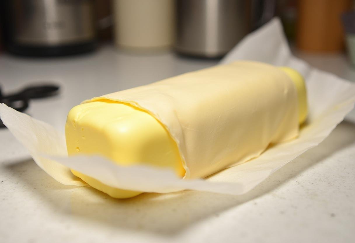 Chilled log of Creamy La Conviette Butter wrapped in parchment paper, prepared for refrigeration.