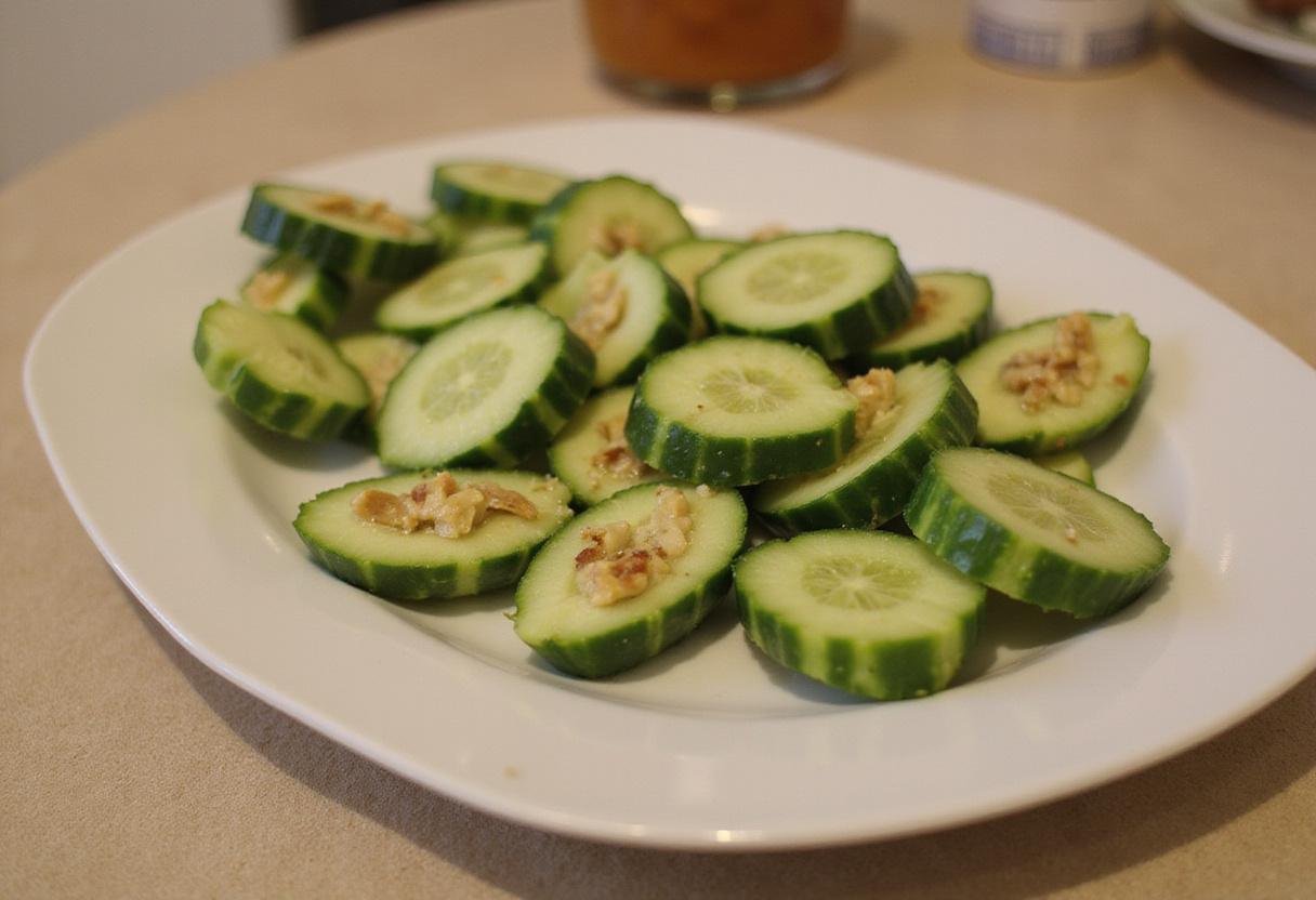 A finished platter of Crisp Hot House Cucumber Bites, featuring vibrant hot house cucumbers topped with a delicious cream cheese spread, perfect for appetizers.