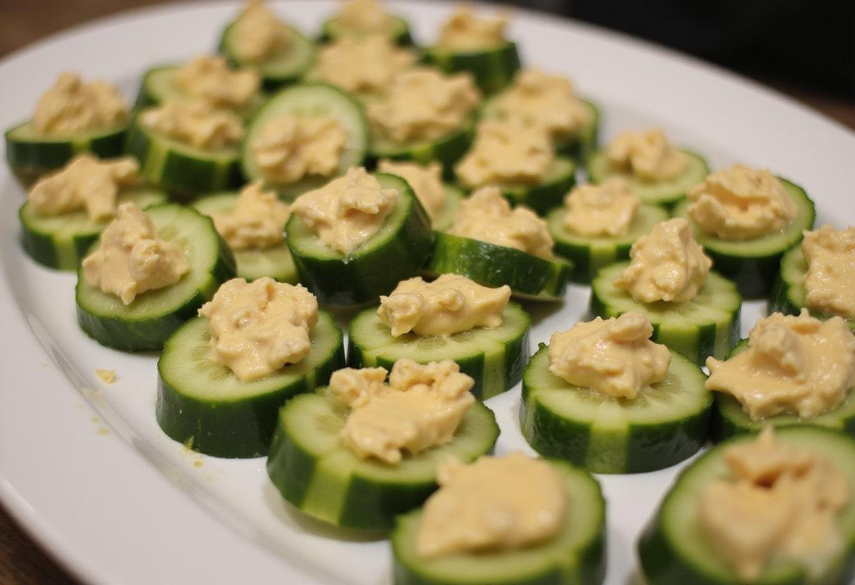 A finished platter of Crisp Hot House Cucumber Bites, featuring vibrant hot house cucumbers topped with a delicious cream cheese spread, perfect for appetizers.