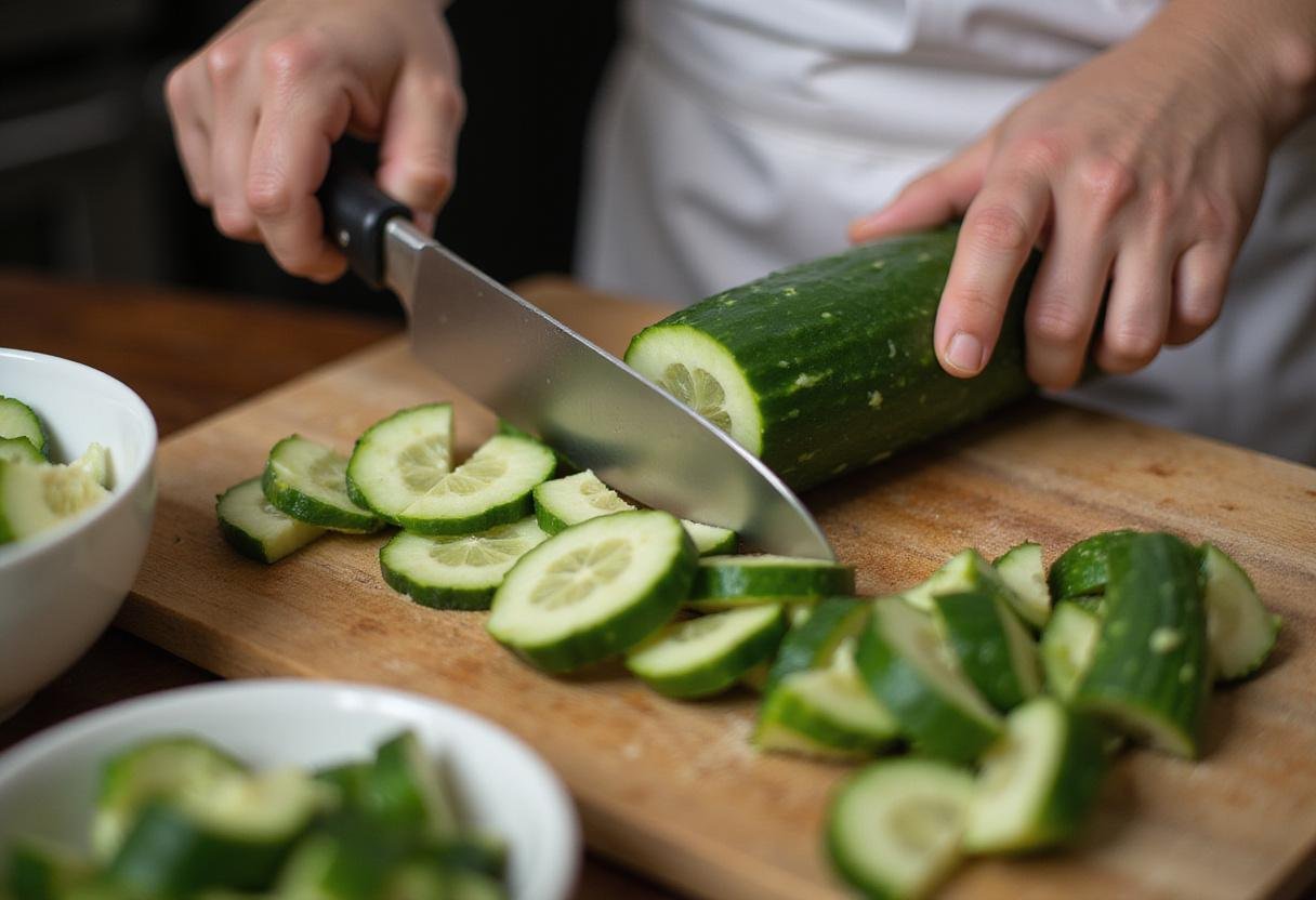 Slicing fresh hot house cucumbers into rounds on a cutting board, a crucial step in creating Crisp Hot House Cucumber Bites.