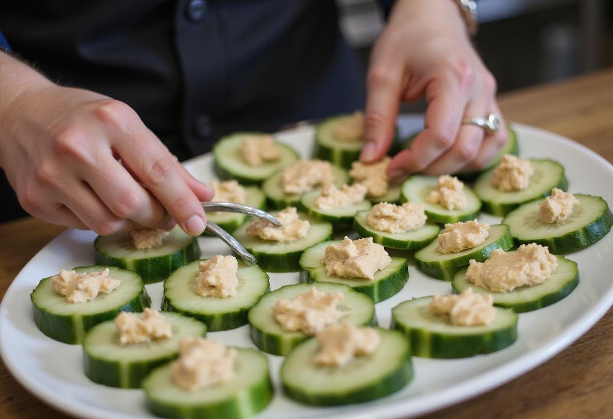 Spreading a flavorful cream cheese mixture on fresh cucumber slices to prepare Crisp Hot House Cucumber Bites for serving.
