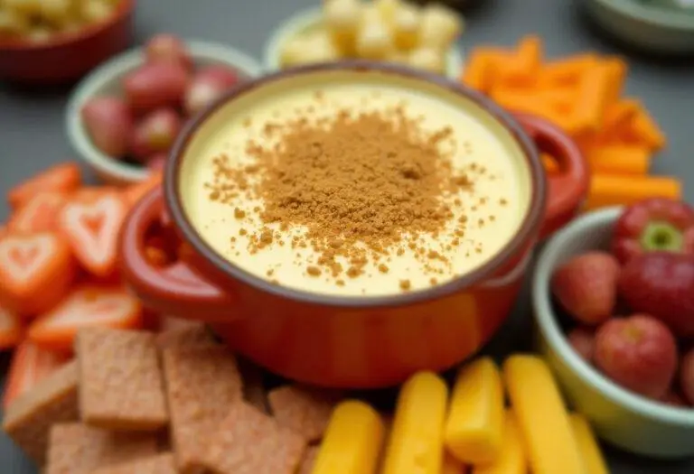 Final presentation of decadent cheesecake fondue with dippables for a delicious indulgent dessert.