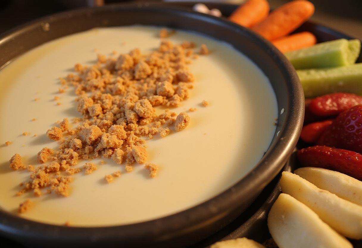 Final presentation of decadent cheesecake fondue with dippables for a delicious indulgent dessert.
