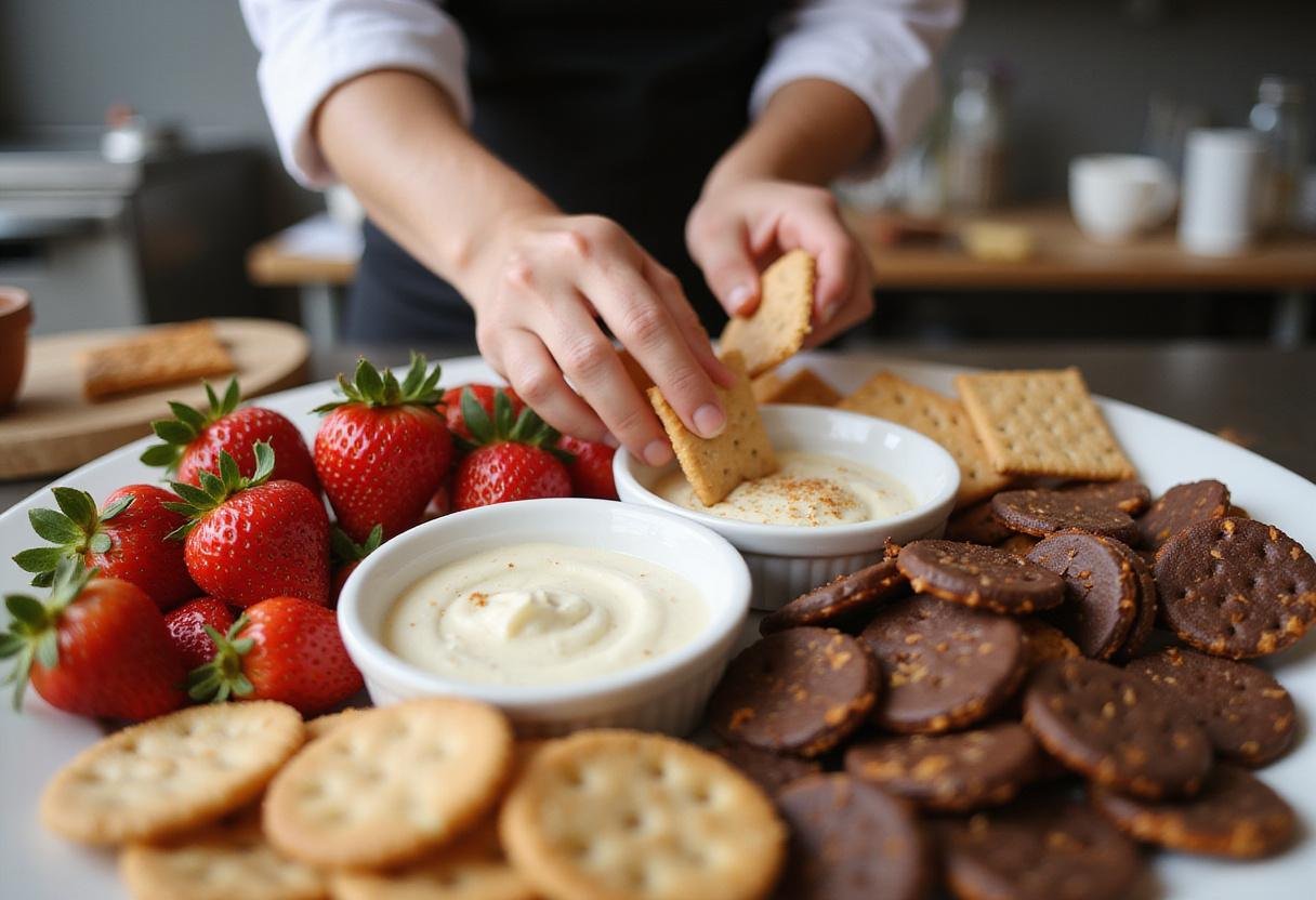 Preparing dippable treats like strawberries and graham crackers for cheesecake fondue indulgence.
