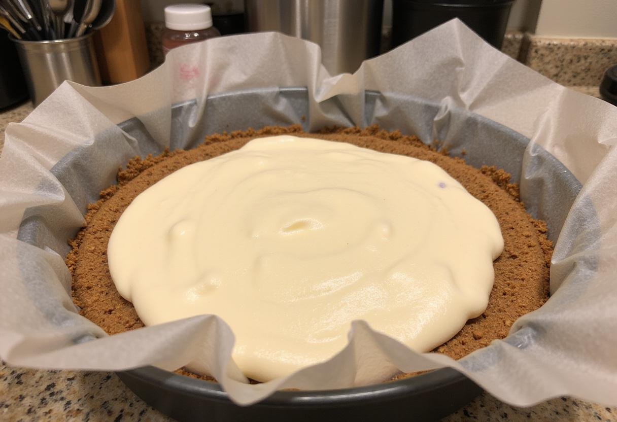 Graham cracker crust pressed in a cake pan for the perfect base of a salt and straw ice cream cake.