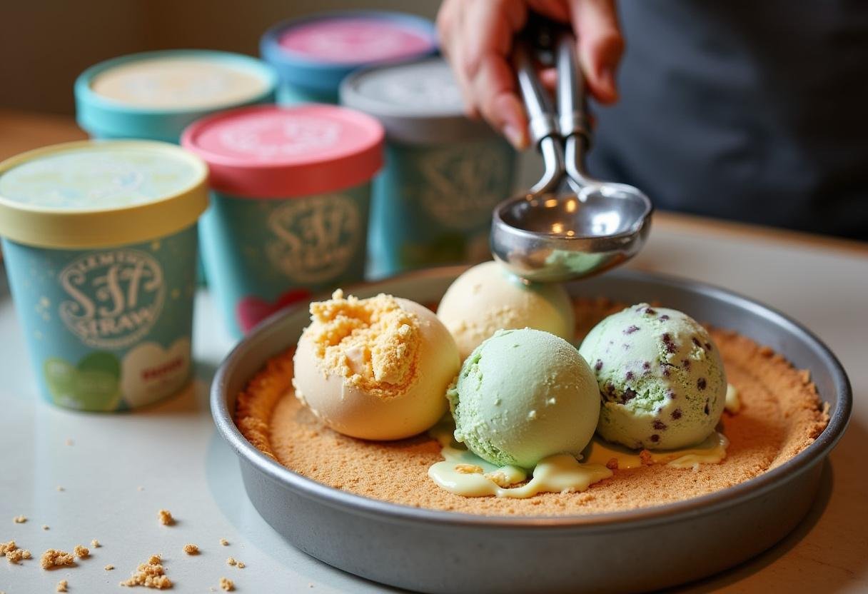 Scooping various flavors of Salt & Straw ice cream to layer in a decadent ice cream cake.