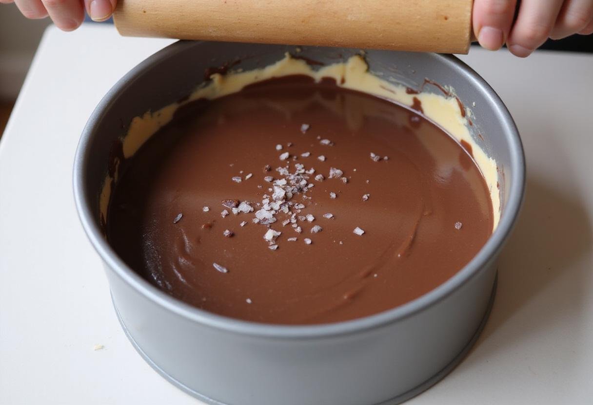 Smoothing chocolate ganache on top of a decadent salt and straw ice cream cake with a pinch of sea salt.