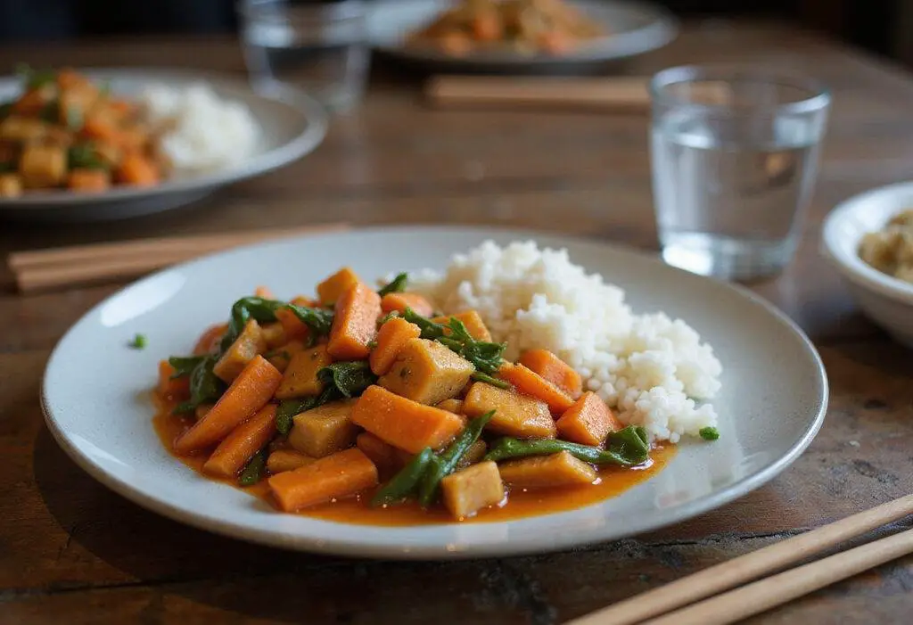 Delicious stir-fried dish with diced carrots for dinner, presenting a colorful and appetizing meal ready to be enjoyed.