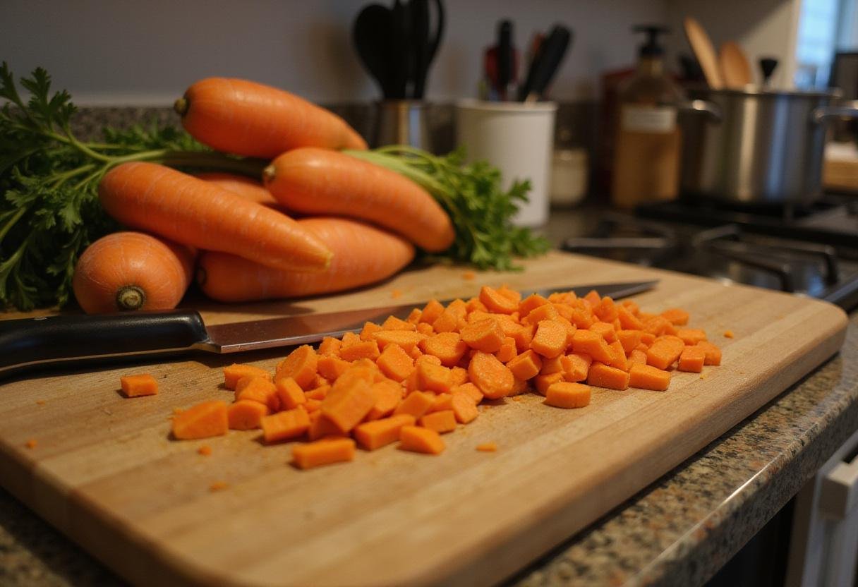 Diced carrots being prepared for delicious frozen recipes for dinner, showcasing vibrant orange color and freshness.