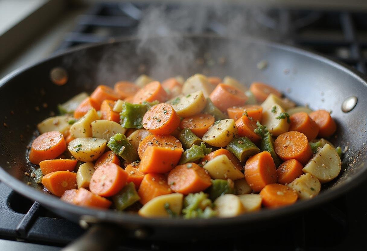 Diced carrots sautéing in a skillet for a tasty dinner recipe, highlighting the vibrant colors and fresh ingredients mixed with herbs.