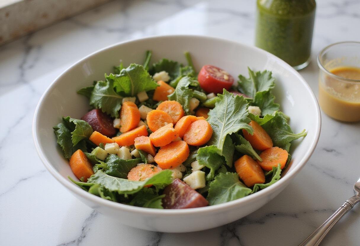 Fresh salad being prepared with diced carrots for nutritious dinner ideas, emphasizing vibrant colors and healthy ingredients.