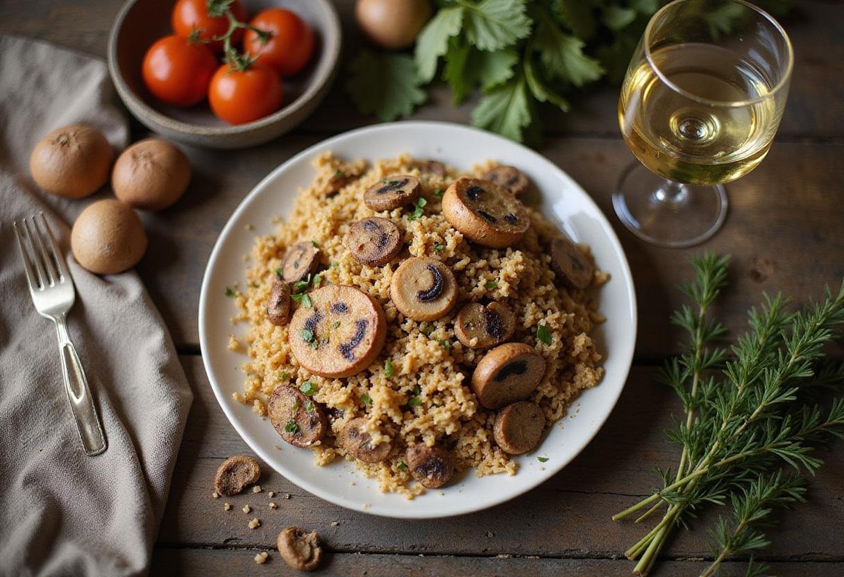 Complete earthy straw mushroom treat displayed on a rustic table, portraying a delicious and inviting mushroom dish perfect for serving.