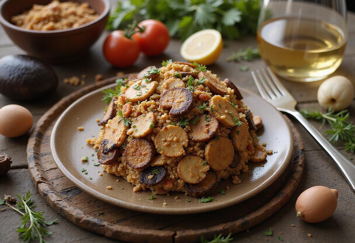Complete earthy straw mushroom treat displayed on a rustic table, portraying a delicious and inviting mushroom dish perfect for serving.