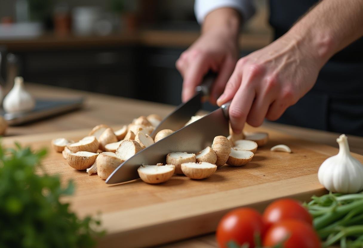 Fresh straw mushrooms being sliced on a wooden cutting board, showcasing earthy ingredients for an earthy straw mushroom treat.