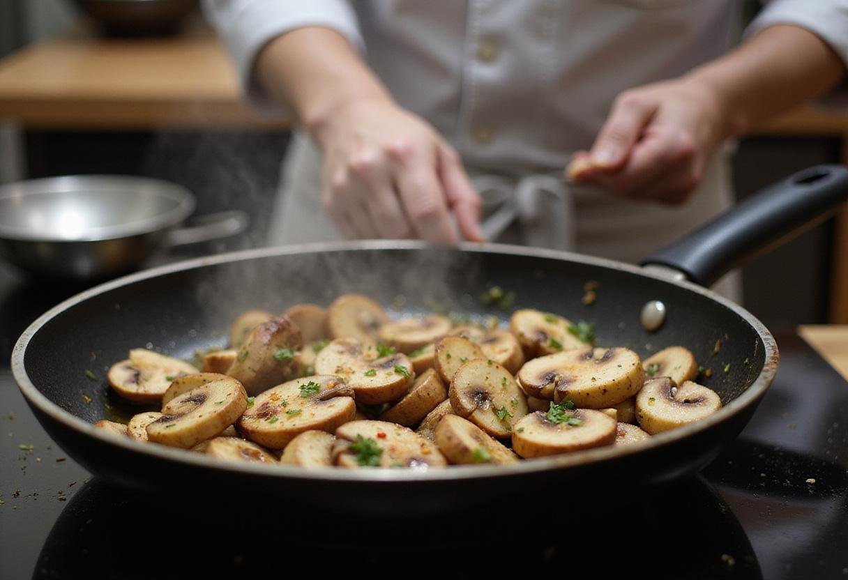 Sautéing sliced straw mushrooms with garlic in a skillet, highlighting the preparation of an earthy and flavorful mushroom dish.