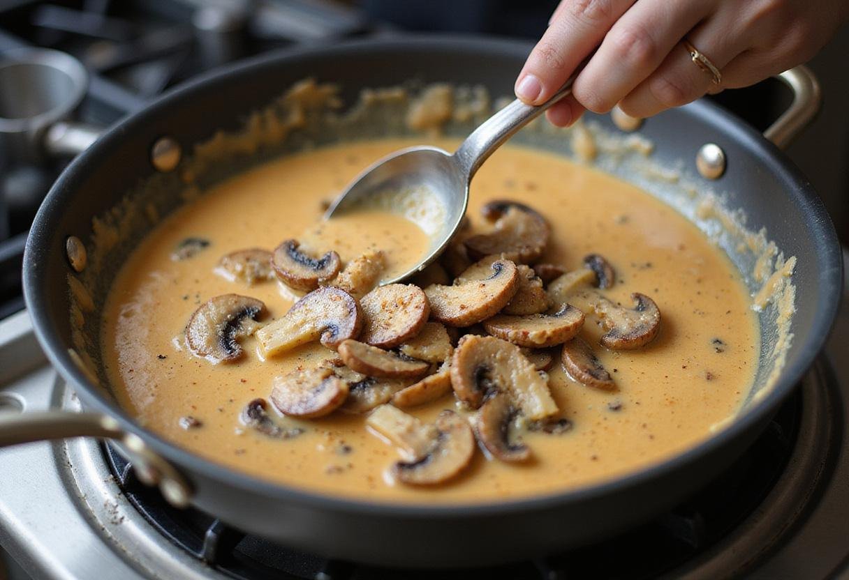 Creamy sauce being prepared with sautéed straw mushrooms, depicting a rich and savory blend for the earthy mushroom treats.