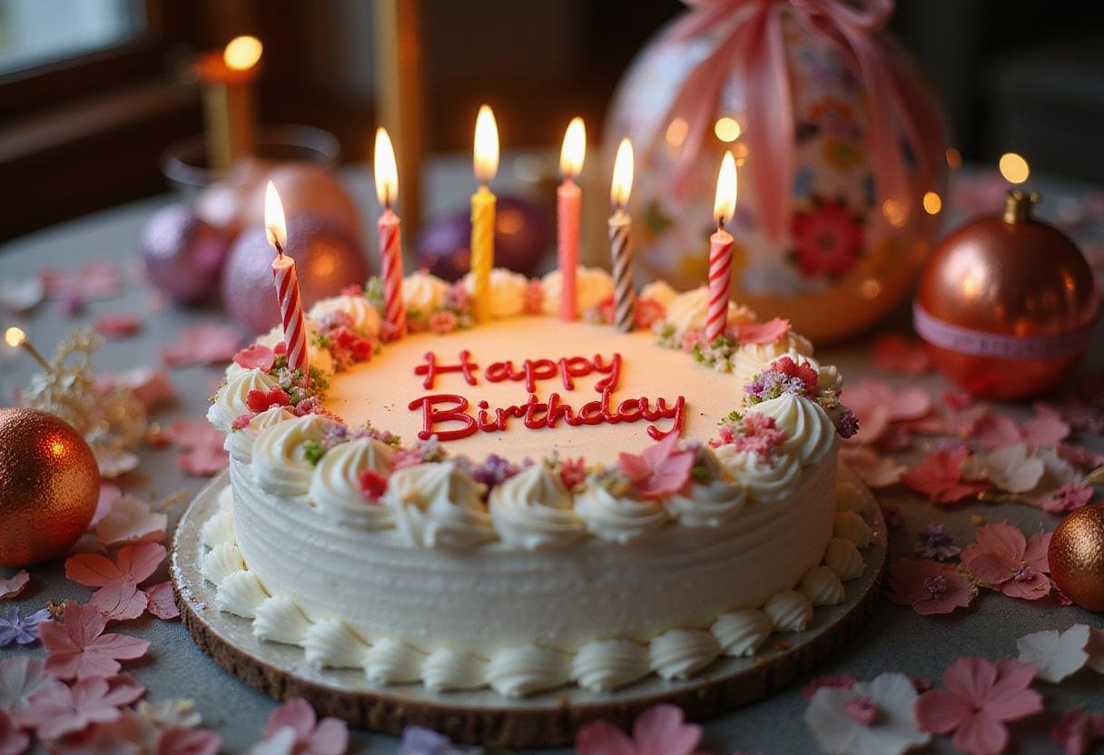Stunning elegant female birthday cake beautifully presented on a festive table, showcasing the joy of birthday celebrations and inspiring ladies birthday cake ideas.