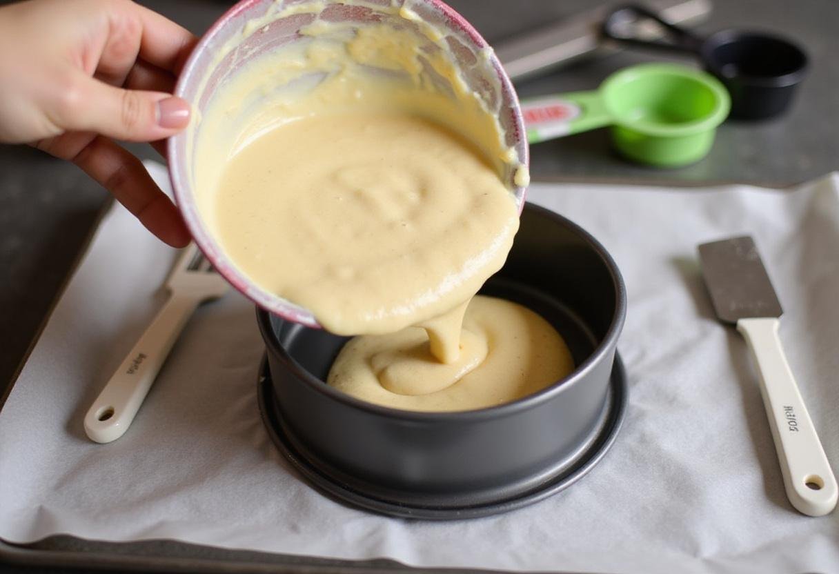 Transferring cake batter into a round cake pan to create a delightful female birthday cake, surrounded by baking tools in a cozy kitchen atmosphere.