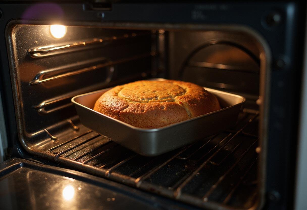 A beautifully baked cake inside the oven, showcasing the process of creating a perfect ladies birthday cake in a welcoming kitchen environment.