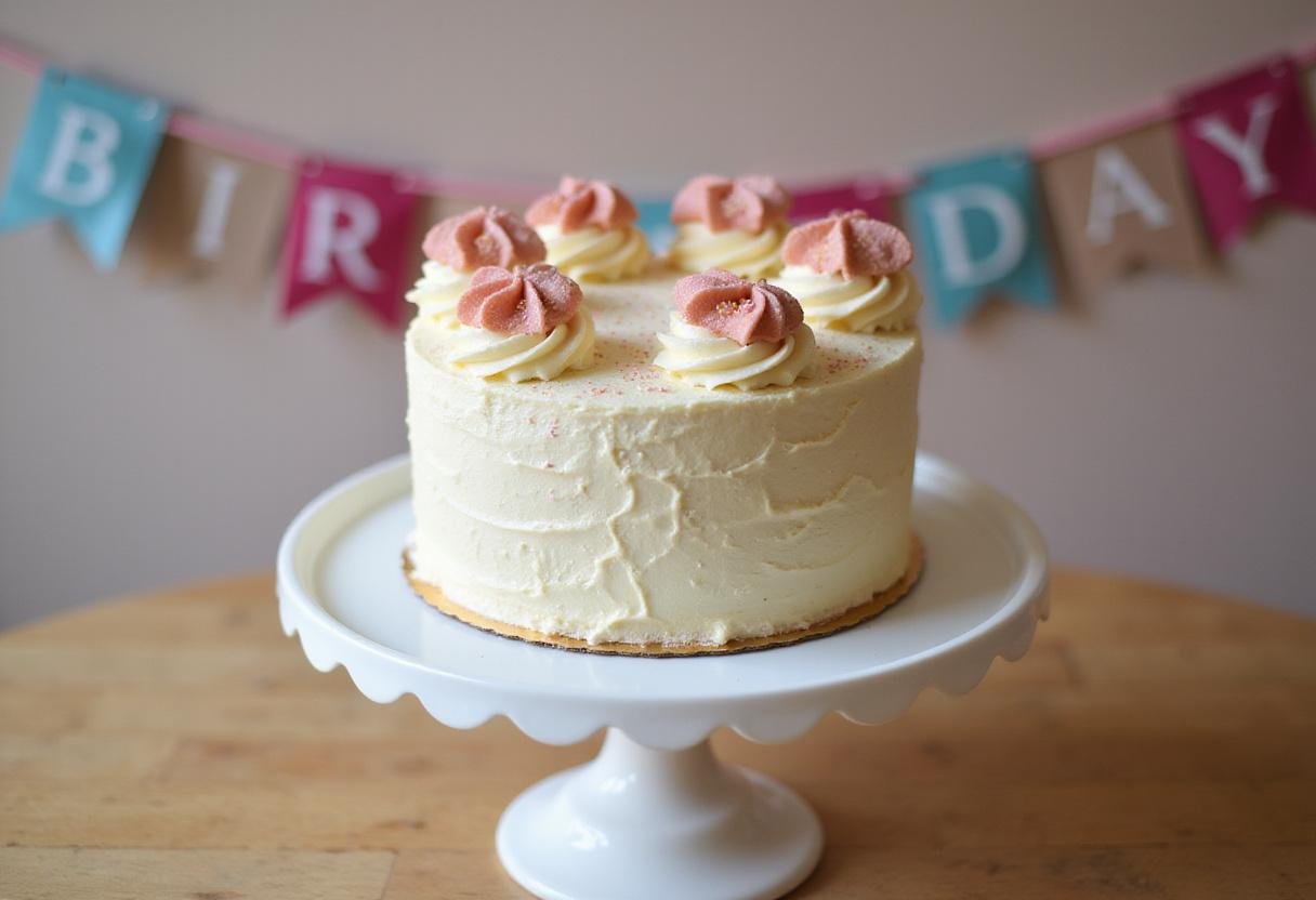 Decorating an elegant female birthday cake with flowers and glitter, highlighting creative ladies birthday cake ideas in a beautifully decorated setting.