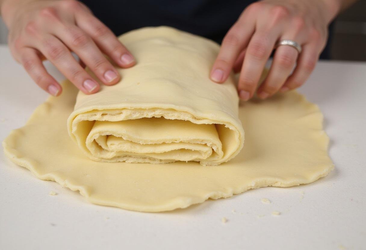 Creating layers by folding puff pastry sheets for making French butter palmiers in an inviting cooking space.