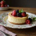 Final presentation of a stunning French cheesecake adorned with berries, showcasing the culinary delight.