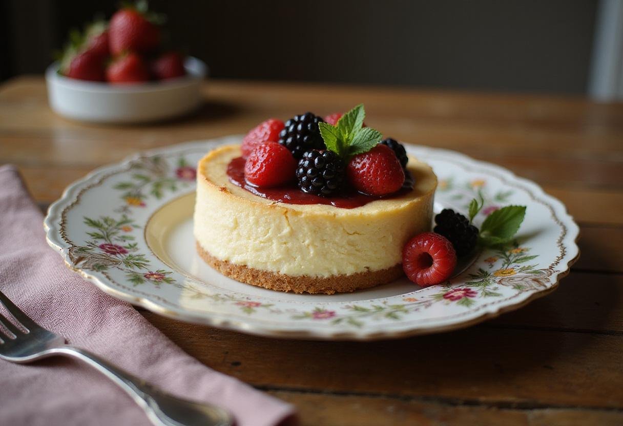 Final presentation of a stunning French cheesecake adorned with berries, showcasing the culinary delight.