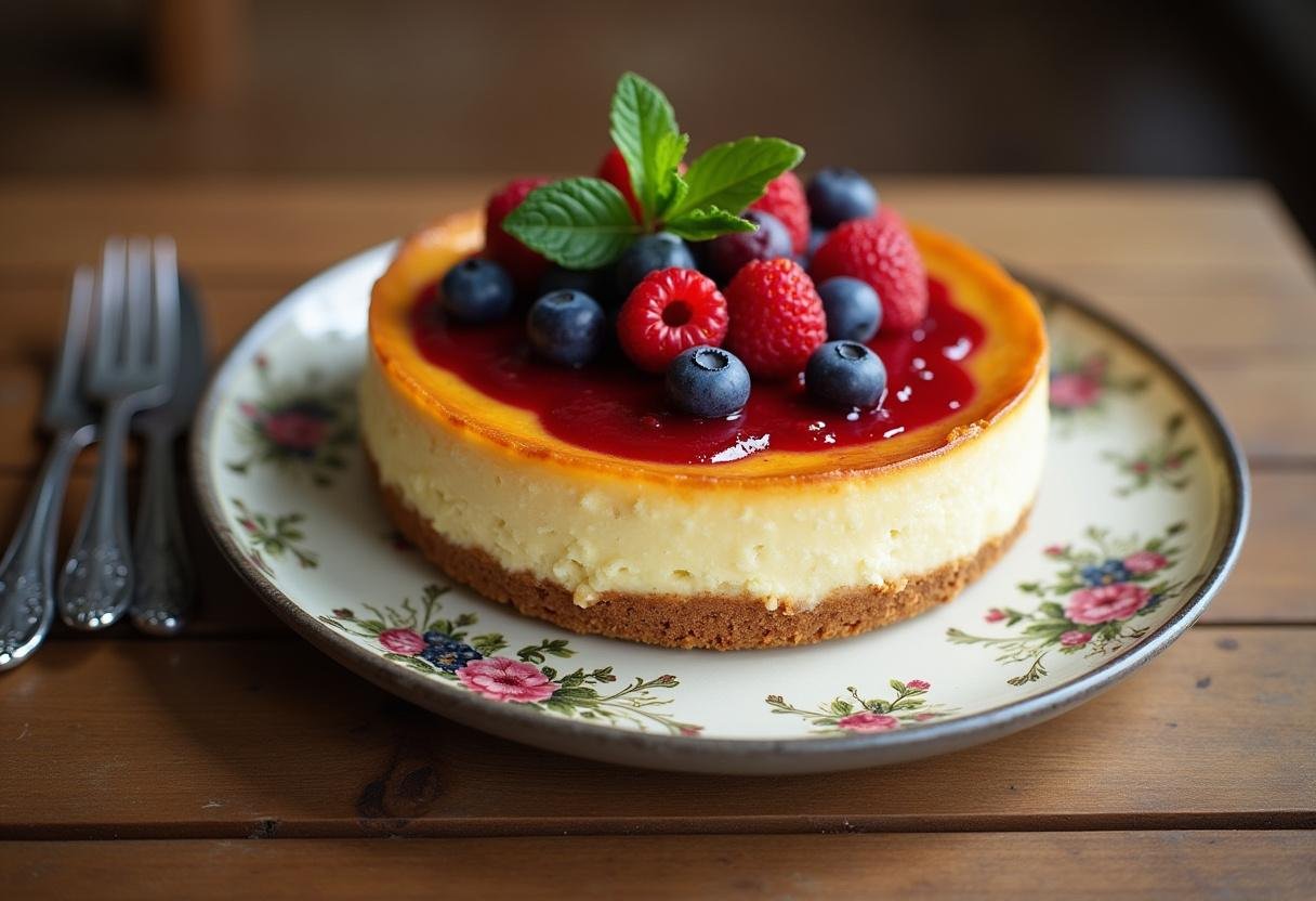 Final presentation of a stunning French cheesecake adorned with berries, showcasing the culinary delight.