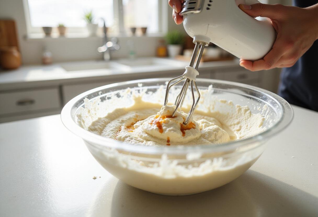 Mixing ingredients for a French cheesecake, including cream cheese and sugar in a bright kitchen.