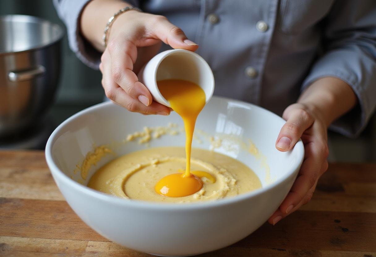 Adding eggs to the cream mixture for a French style cheesecake, showcasing a smooth blend of ingredients.