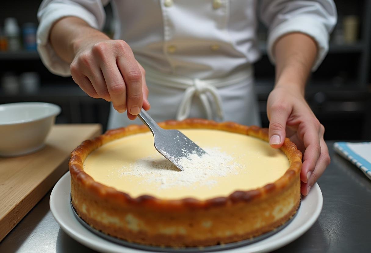 Folding flour into the batter for an elegant French cheesecake, highlighting the meticulous preparation process.