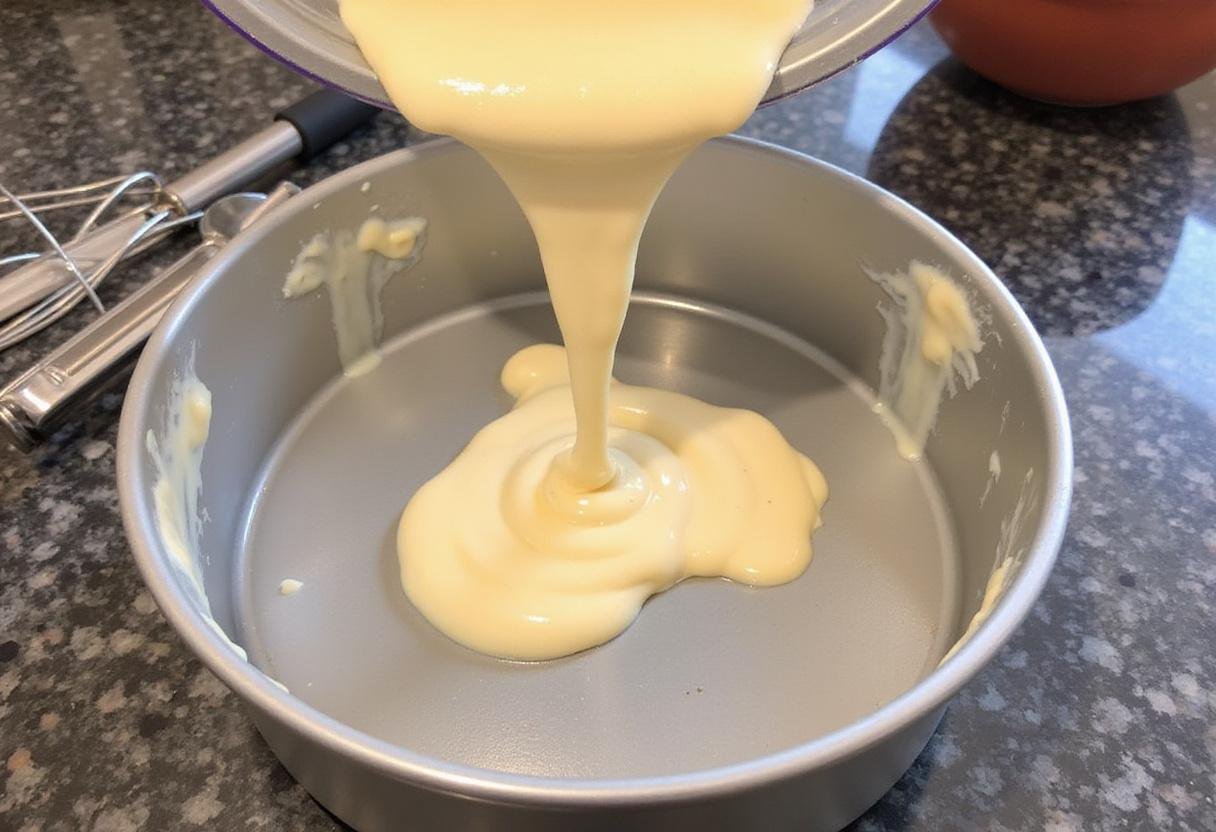Pouring the cheesecake batter into a springform pan, depicting the preparation for an elegant French cheesecake.
